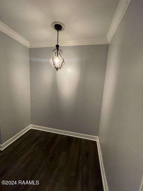 interior space with dark hardwood / wood-style flooring and ornamental molding