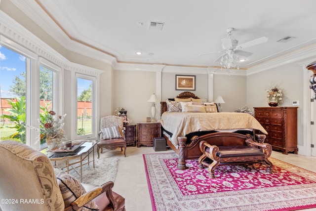 bedroom with ornamental molding and ceiling fan