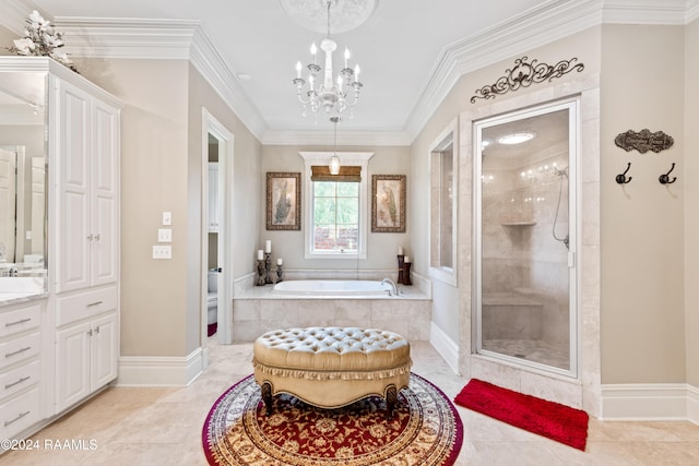 full bathroom featuring tile patterned flooring, ornamental molding, a chandelier, plus walk in shower, and toilet