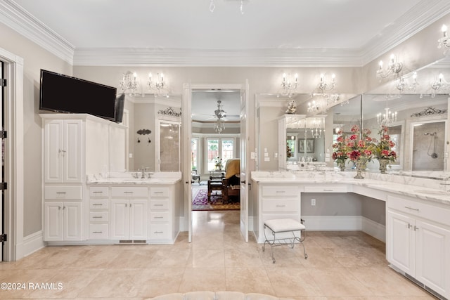 bathroom featuring ornamental molding, walk in shower, vanity, and ceiling fan