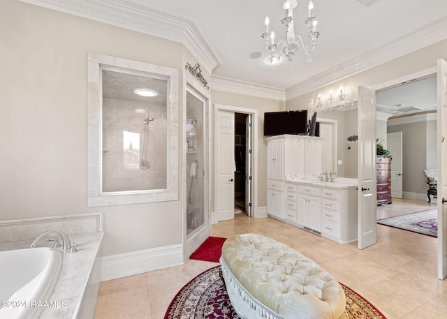 bathroom with vanity, plus walk in shower, and ornamental molding