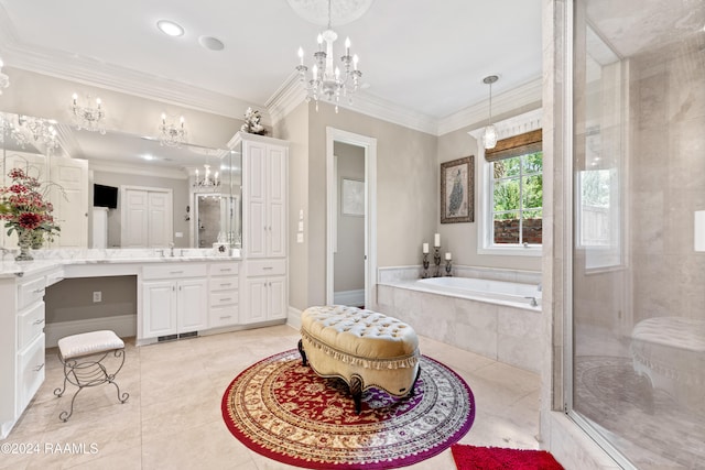 bathroom with vanity, plus walk in shower, tile patterned flooring, and crown molding