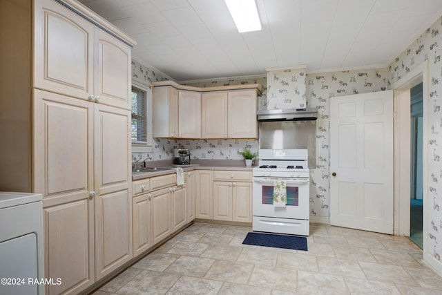 kitchen with sink, white gas range, ornamental molding, and light brown cabinetry