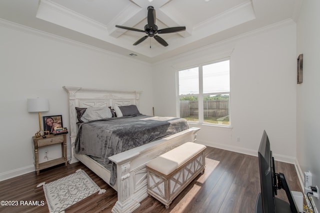 bedroom with dark wood-type flooring, ceiling fan, crown molding, and coffered ceiling