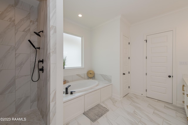 bathroom featuring crown molding, vanity, and separate shower and tub