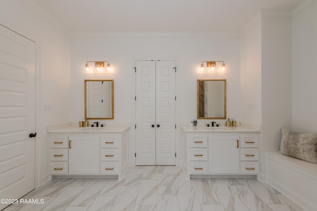 bathroom with vanity and crown molding