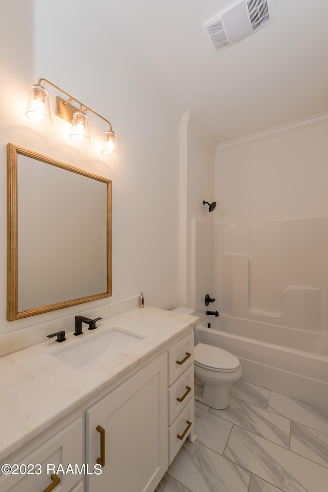 full bathroom featuring ornamental molding, shower / bath combination, vanity, and toilet