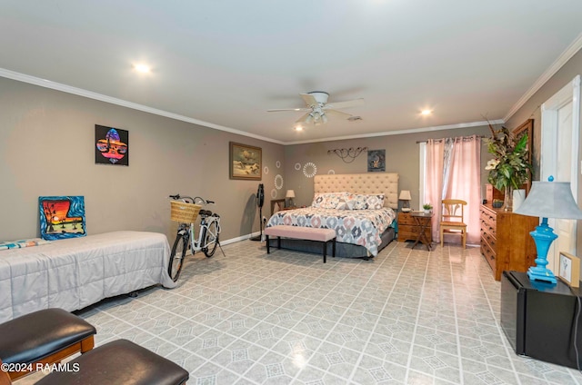 bedroom with ceiling fan and crown molding