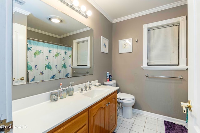 bathroom with a shower with shower curtain, vanity, crown molding, tile patterned flooring, and toilet