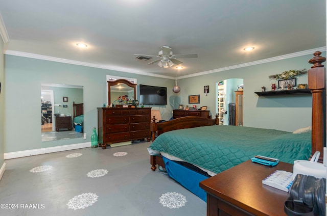 bedroom with ceiling fan and crown molding