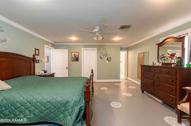 bedroom featuring concrete floors, ceiling fan, and crown molding