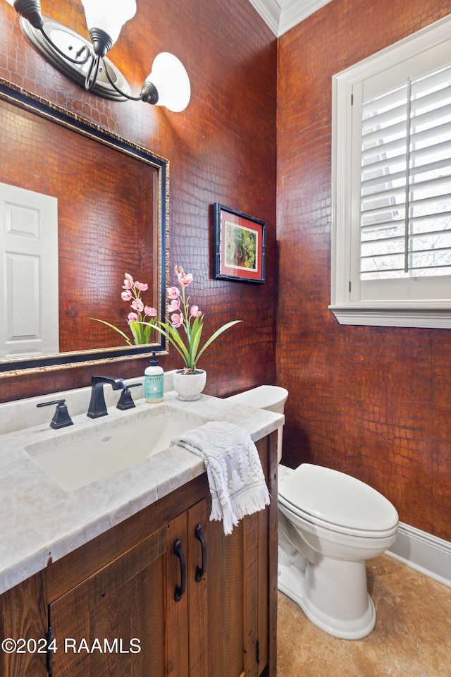 bathroom with crown molding, vanity, and toilet