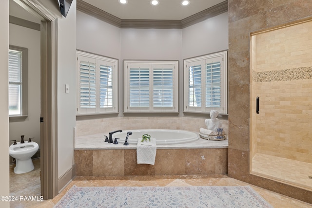 bathroom featuring a bidet, ornamental molding, separate shower and tub, and plenty of natural light