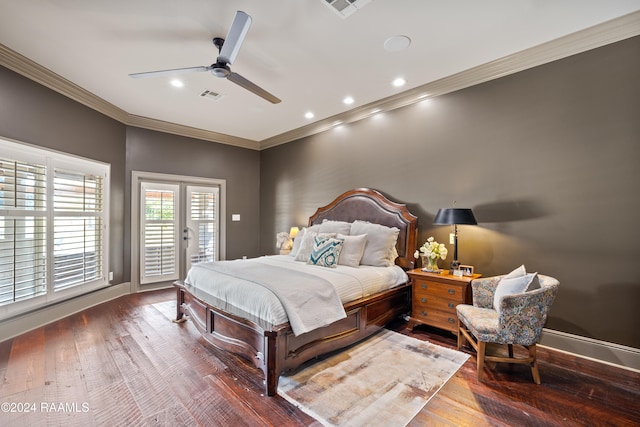 bedroom featuring hardwood / wood-style floors, ornamental molding, access to outside, ceiling fan, and french doors