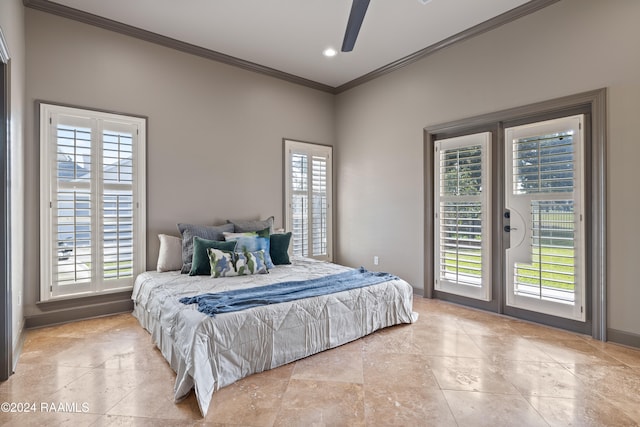 bedroom with multiple windows, crown molding, access to outside, and ceiling fan