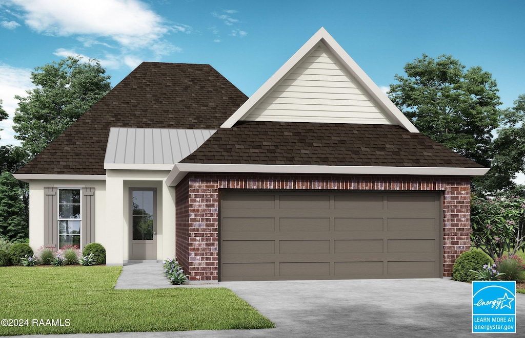 view of front of property featuring a garage and a front lawn