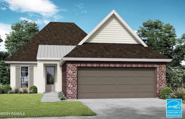 view of front of property featuring a garage and a front lawn