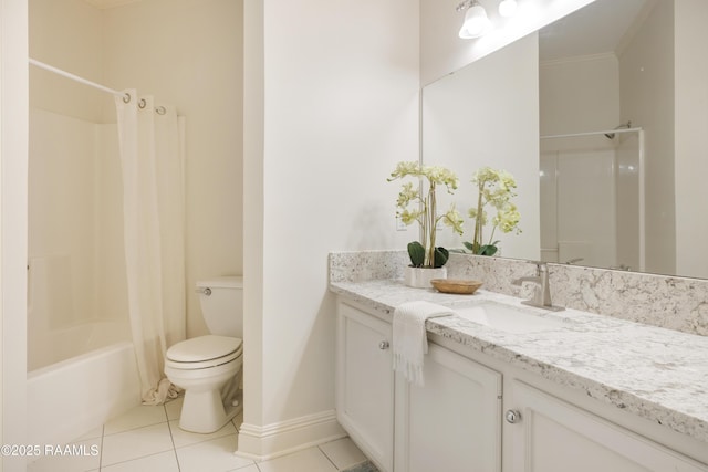 full bathroom with vanity, ornamental molding, toilet, shower / bathtub combination with curtain, and tile patterned floors