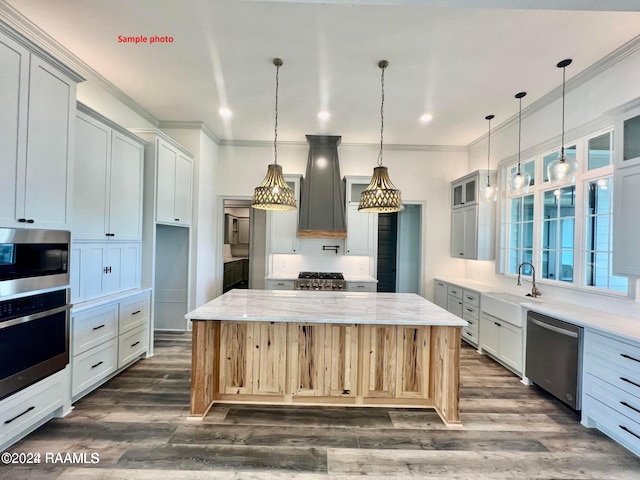 kitchen with a kitchen island, crown molding, custom range hood, appliances with stainless steel finishes, and a sink