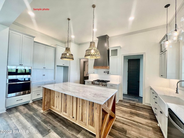 kitchen with range, dishwasher, dark wood-style floors, and light stone countertops