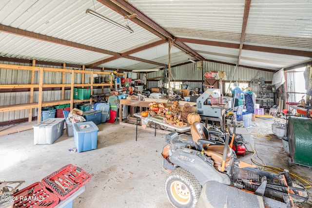 garage with a workshop area