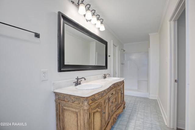 bathroom featuring walk in shower, vanity, and ornamental molding