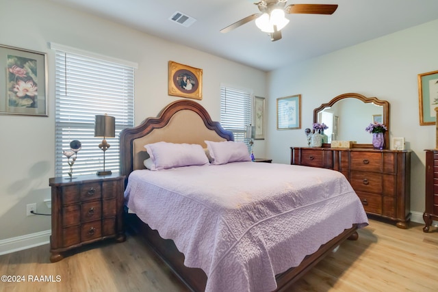 bedroom with ceiling fan and light wood-type flooring