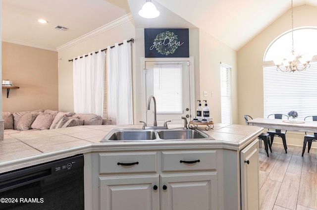 kitchen featuring tile countertops, white cabinetry, sink, decorative light fixtures, and black dishwasher