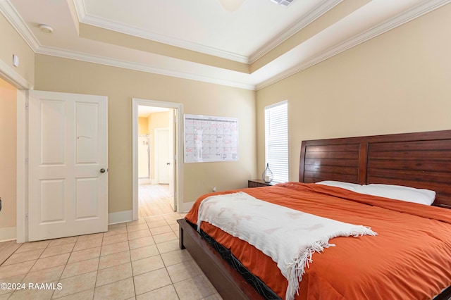 bedroom featuring ornamental molding and light tile patterned flooring