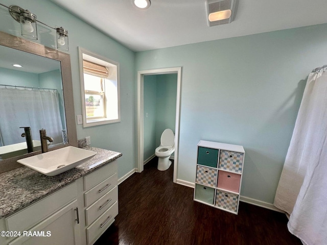 bathroom featuring toilet, vanity, and hardwood / wood-style flooring