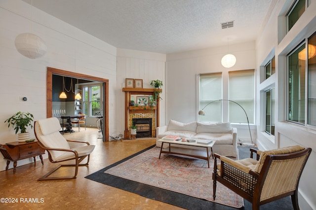 living room with a textured ceiling