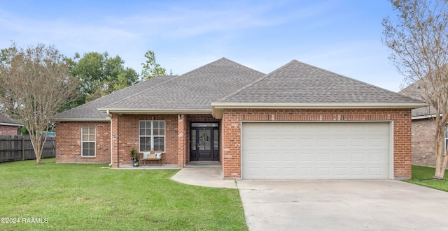 ranch-style house featuring a garage and a front lawn