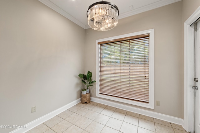 unfurnished room with a chandelier, light tile patterned floors, and crown molding