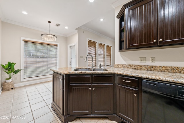 kitchen featuring dark brown cabinets, black dishwasher, crown molding, and sink