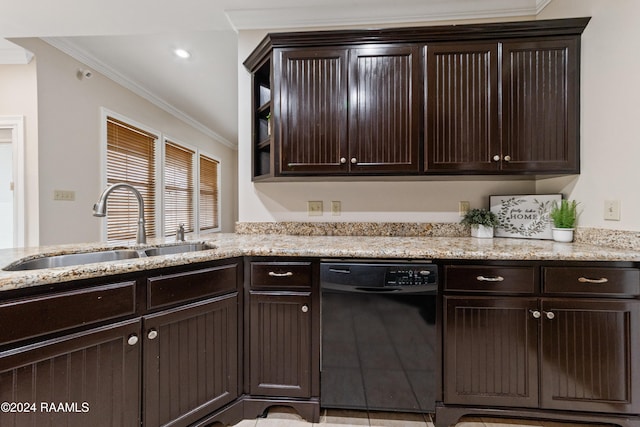 kitchen with crown molding, sink, light stone countertops, black dishwasher, and dark brown cabinets