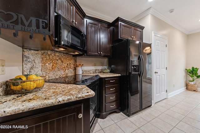 kitchen with black appliances, dark brown cabinets, light tile patterned floors, and crown molding