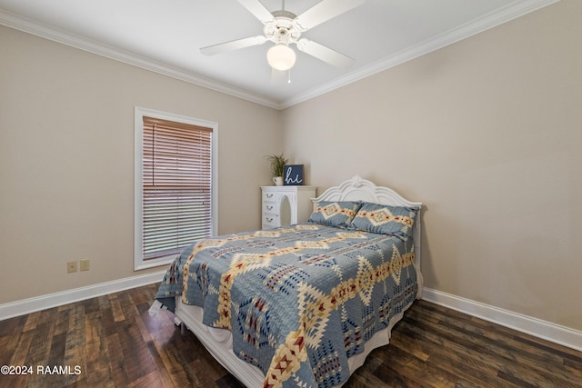 bedroom with ceiling fan, dark hardwood / wood-style flooring, and ornamental molding