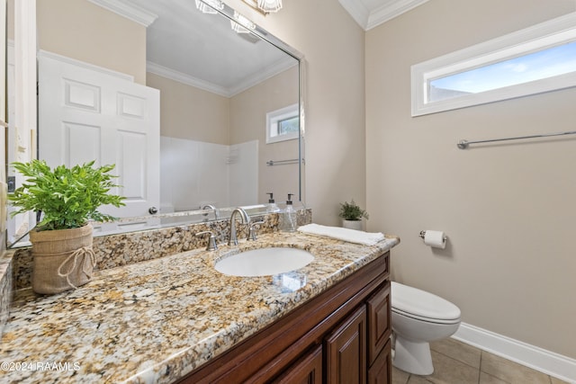 bathroom with tile patterned flooring, vanity, toilet, and crown molding