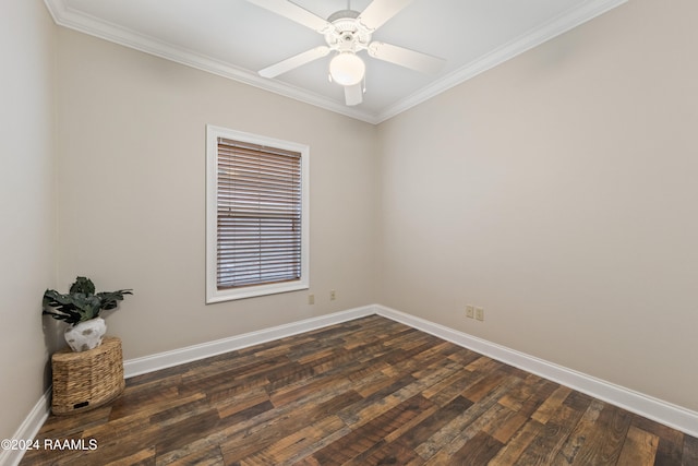 unfurnished room featuring dark hardwood / wood-style flooring, ceiling fan, and crown molding