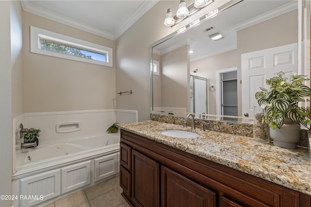 bathroom featuring tile patterned flooring, vanity, separate shower and tub, and crown molding