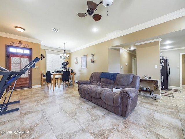 living room with ornamental molding and ceiling fan with notable chandelier