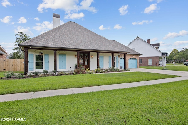 view of front of home with a front lawn and a garage