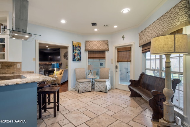 living room featuring ornamental molding and a fireplace