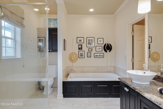 full bathroom with ornamental molding, vanity, toilet, and independent shower and bath