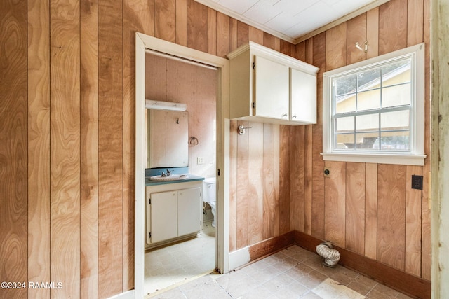 interior space featuring wood walls and sink