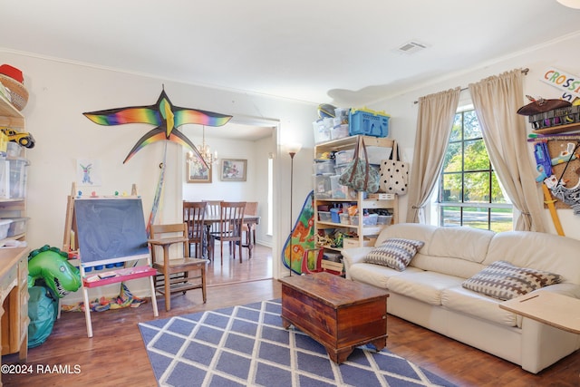 living room with dark hardwood / wood-style flooring