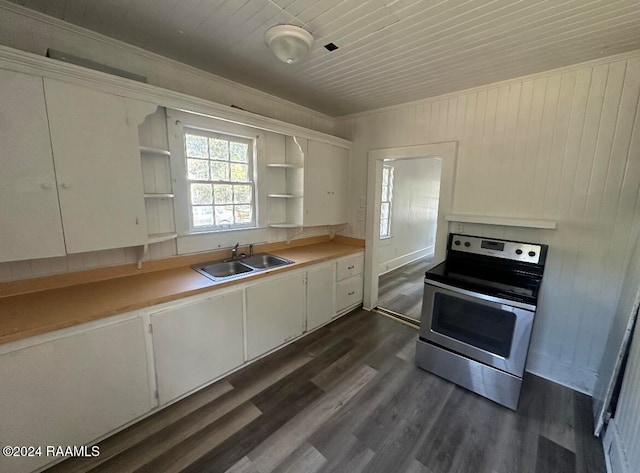 kitchen featuring dark hardwood / wood-style flooring, wood ceiling, sink, white cabinets, and stainless steel electric range