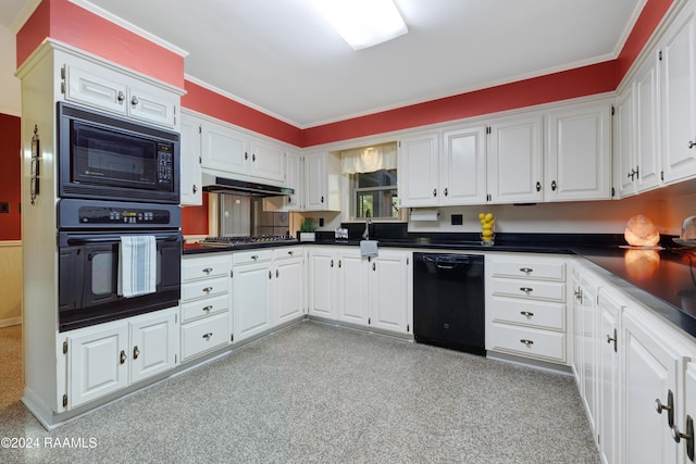 4106 Walnut Dr, New Iberia, LA 70563 - kitchen featuring black appliances, white cabinetry, under cabinet range hood, dark countertops, and ornamental molding