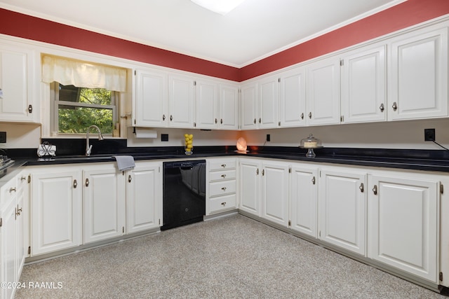 4106 Walnut Dr, New Iberia, LA 70563 - kitchen with dishwasher, dark countertops, white cabinets, ornamental molding, and a sink