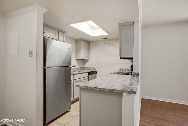 kitchen featuring electric panel, sink, light wood-type flooring, appliances with stainless steel finishes, and kitchen peninsula